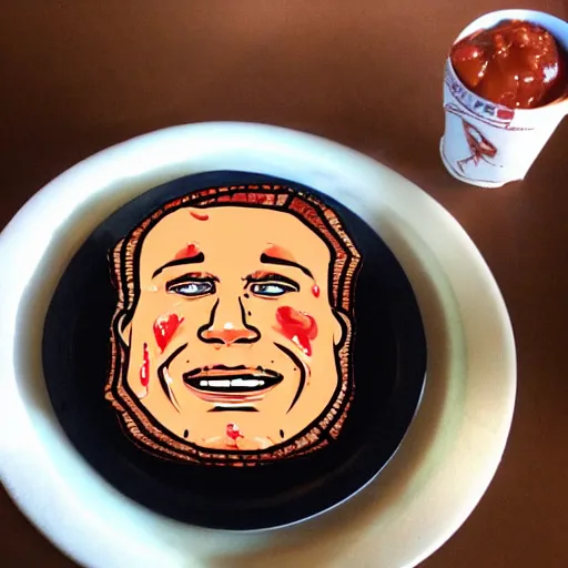 Image similar to food photo of channing tatum's face on top of giant tater tot on a plate with ketchup