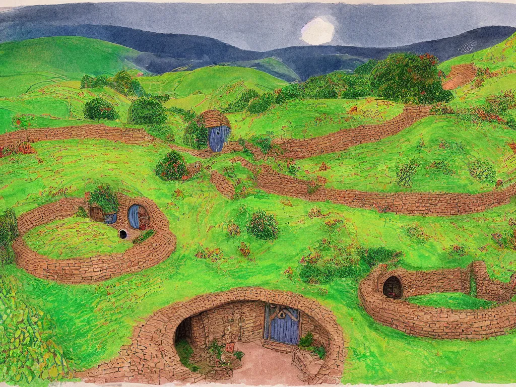 Prompt: Tolkien Lord of the Rings landscape Shire Hobbits Bag End in the style of David Hockney