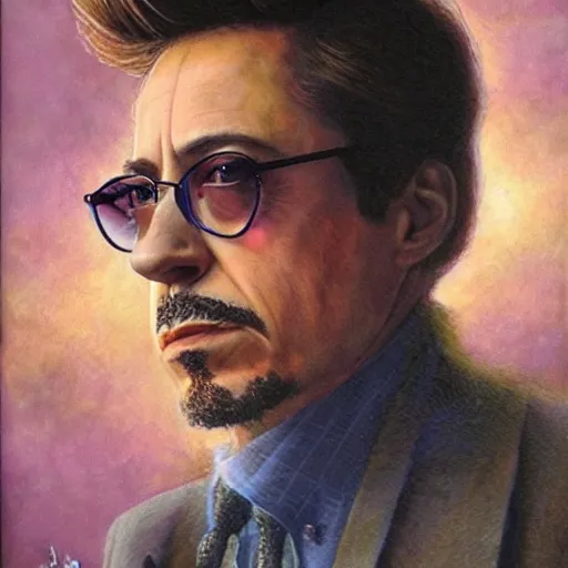 Image similar to Robert Downey JR, artwork by Daniel Merriam,