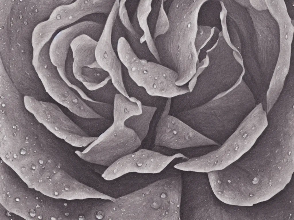 Image similar to a close up of a rose, with drops of water on the petals, by georgia o'keeffe