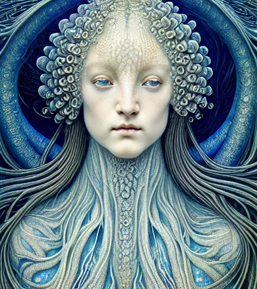 Prompt: detailed realistic beautiful ice goddess face portrait by jean delville, gustave dore, iris van herpen and marco mazzoni, art forms of nature by ernst haeckel, art nouveau, symbolist, visionary, gothic, neo - gothic, pre - raphaelite, fractal lace, intricate alien botanicals, ai biodiversity, surreality, hyperdetailed ultrasharp octane render