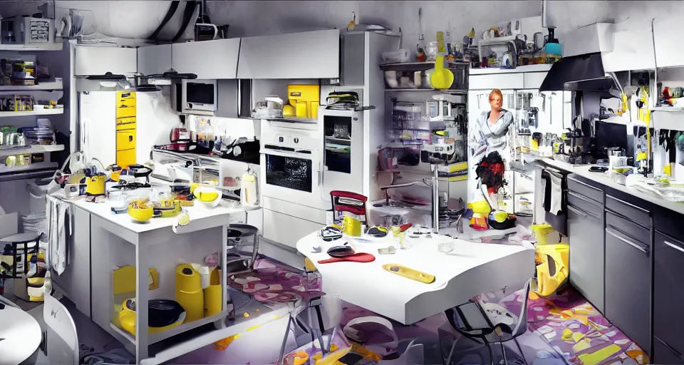 Image similar to IKEA catalogue photo of a cyberpunk kitchen on a spaceship, by Takashi Murakami