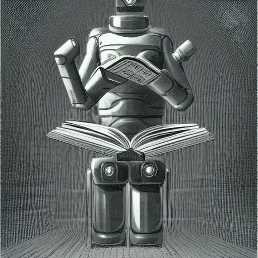 Image similar to retro dark vintage sci-fi, 2D matte illustration, robot reading a book, art by Szukalski, Beksinski