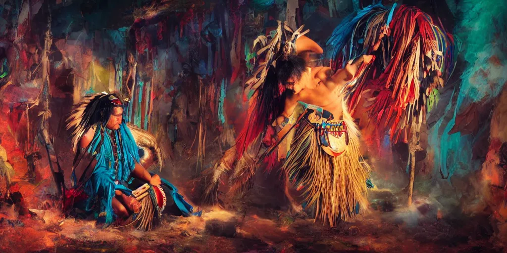 Image similar to of Native American shaman drumming by Liam Wong and Boris Vallejo