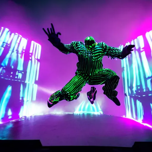 Prompt: Jumping Beetlejuice smashing computers, group of people on stage playing instruments, elaborate stage effects, dust, smoke, giant LED screens, colored projections, ultrafine detail, cybersuit, glowing thin wires, smoke, high contrast, projections, holography, volumetric lighting, cinematography by Jim Jarmusch