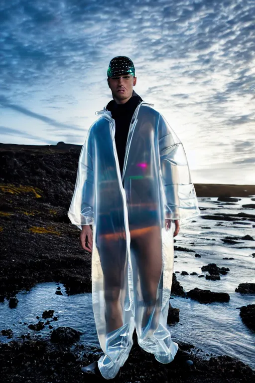 Image similar to an ultra high definition professional high fashion portrait studio full length photograph of a male model wearing a transparent pearlescent raincoat and neon visor planking in an icelandic black rock environment at dawn. no artefacts. extremely detailed. stark. refraction. shallow depth of field. volumetric light and shadow. ray tracing. light rays.