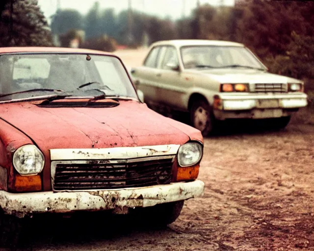 Image similar to a lomographic photo of old lada 2 1 0 7 standing in typical soviet yard in small town, hrushevka on background, cinestill, bokeh