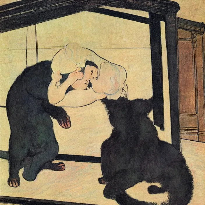 Prompt: couple under a baldachin. iridescent colors, fuzzy black cat. henri de toulouse - lautrec, utamaro, matisse, rene magritte
