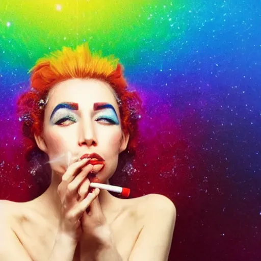 Prompt: rainbow cosmic woman with a cigarette