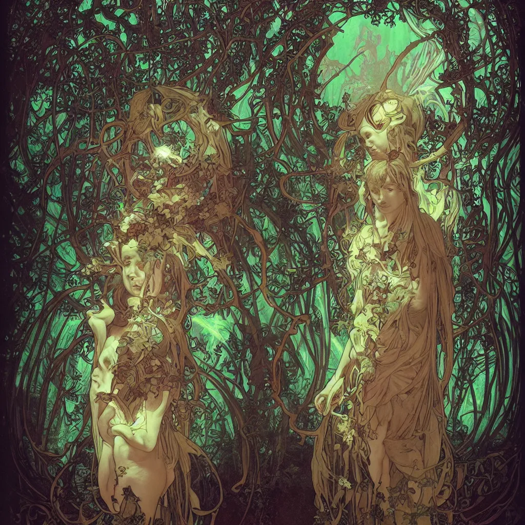 Image similar to bioluminescent pagan god in dark forest by james jean and alphonse mucha, portrait, fantasy, clear, light beams, lens flare, intense, uhd, amazing depth, cinematic lighting