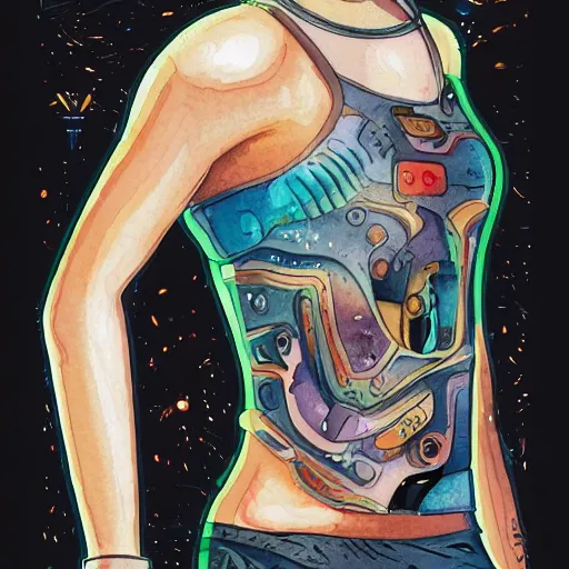 Image similar to detailed colorful watercolor of square - jawed emotionless serious blonde woman starship engineer, tribal tattoos, handsome, short slicked - back hair, sweating, uncomfortable and anxious, looking distracted and awkward, wearing victorian dark goggles, dirty white tank top, cargo pants, and gloves, small spacecraft in background, highly detailed, david mack, trending on artstation