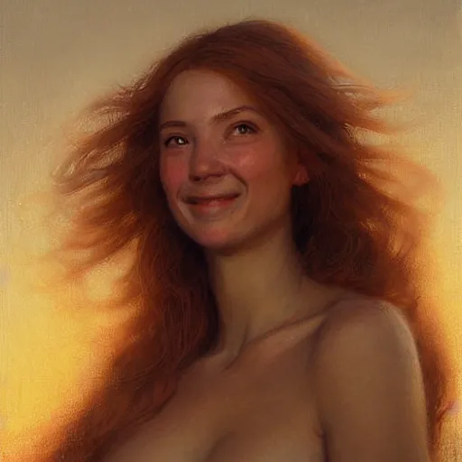 Image similar to Facial portrait of a cute shy woman, looking away from the camera, naughty smile, mouth slightly open, lips slightly parted, long flowing hair, no hands visible, intricate, extremely detailed painting by Henry Justice Ford and by Greg Rutkowski and by Moebius, golden hour