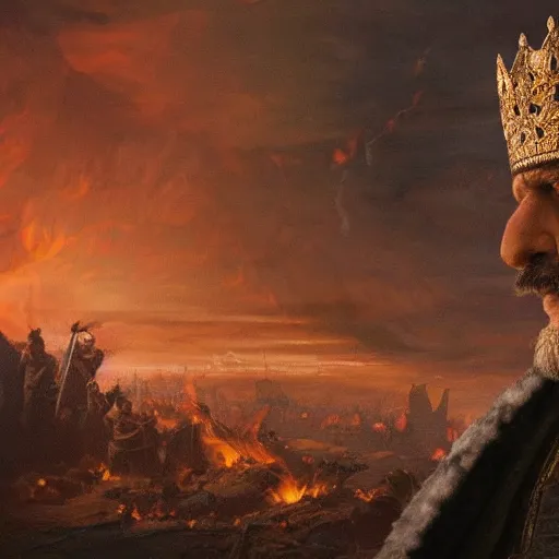 Image similar to an old king, facing thousands of adversaries with his burning and falling kingdom in the background.