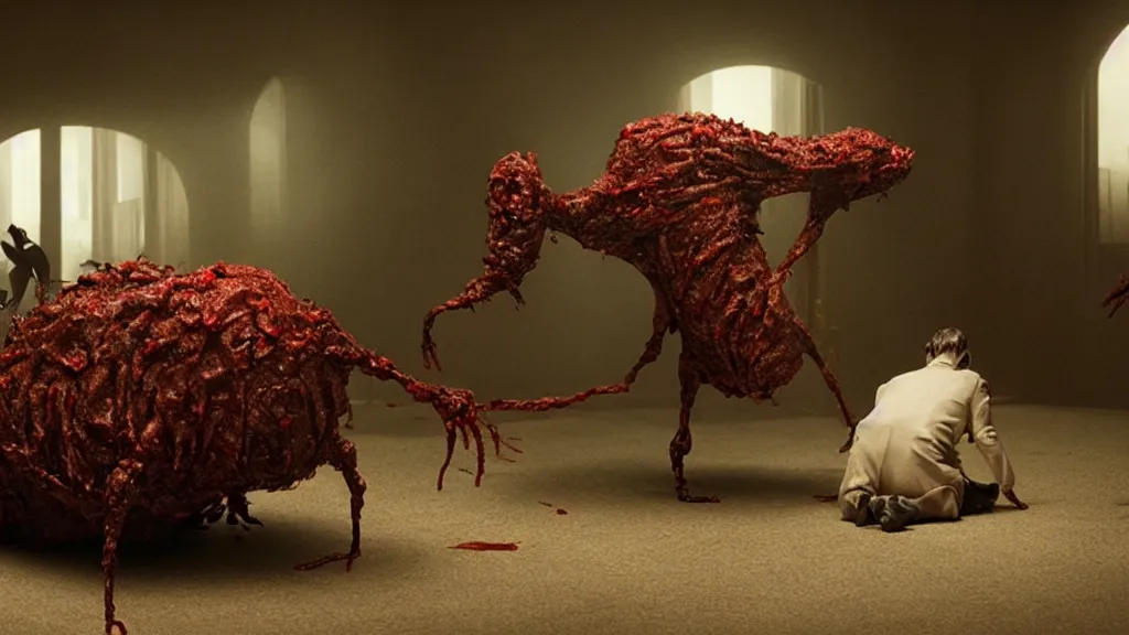 Image similar to the strange creature is busy working, made of blood, film still from the movie directed by Denis Villeneuve with art direction by Salvador Dalí, wide lens