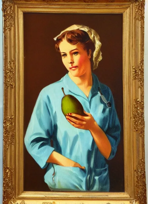 Image similar to vintage beautiful painting of a nurse holding a pear