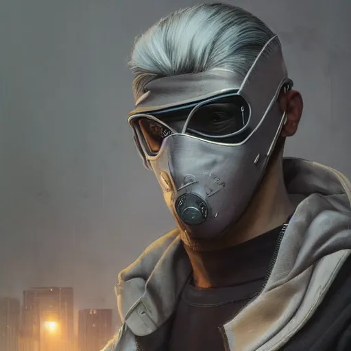 Image similar to very cool man grey hair with mask, streetwear, techwear, cyberpunk style outfit, full body, nose piercing, detailed portrait, intricate complexity, by greg rutkowski, cushart krentz, artgerm, ross tran, conrad roset, takato yomamoto, ilya kuvshinov. 4 k, beautiful, cinematic dramatic atmosphere, portrait lighting