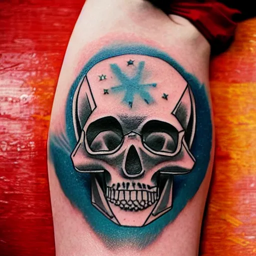 Image similar to tattoo design, stencil, tattoo stencil, traditional, a world famous tattoo of a geometric skull with a galaxy coming out of the top of its head-s 100