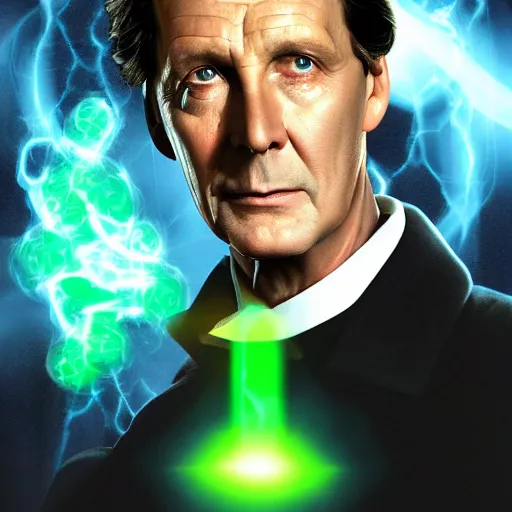 Prompt: Jeremy Brett as Sherlock Holmes as a powerful Warlock, with green energy emanating from his eyes, digital art 8k