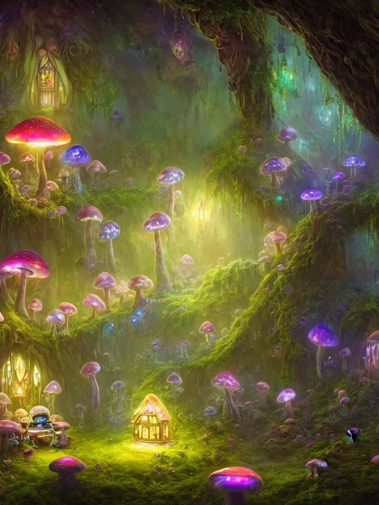 Prompt: the interior of a celestial dainty fairy cottage in a bioluminescent tree trunk decorated beautifully, lots of cyberpunk design elements like toadstool mushrooms and small robots, warm sunlight shining in, lots of plants and flowers, concept art 8 k resolution, fantasy illustration, sharp focus, detailed painting, deep color, volumetric lighting, crepuscular rays