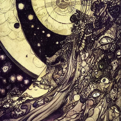Image similar to many terrible eyes in space, fabulous illustrations, oil painting, symmetric, elegant, illustrations by irish fairy tales james stephens arthur rackham, 4k, 8k ,