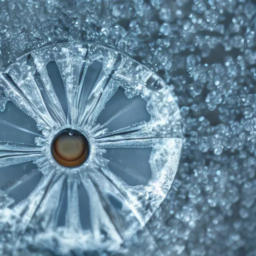 Prompt: a transparent sheet of frosted ice, with a weird eye behind it, XF IQ4, f/1.4, ISO 200, 1/160s, 8K, RAW, unedited, symmetrical balance, in-frame