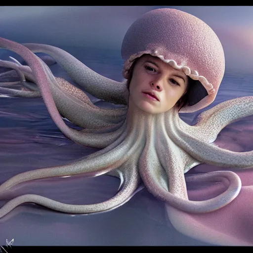 Image similar to kodak film, symmetrical balance, soft blur light, volumetric lighting, highly detailed, britt marling style 3 / 4, a octopus woman in the water in style o f annie leibovitz, highly detailed, interstellar outdoor soft pastel mute colors scheme, hyper realistic, photo realistic