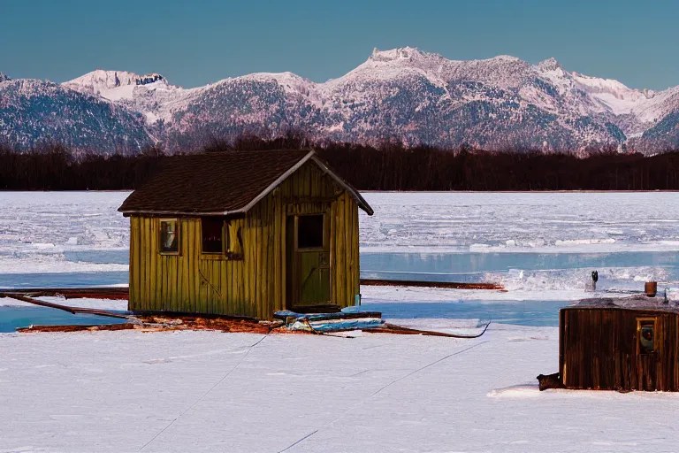 Prompt: landscape photography. ice fishing shack on a frozen lake, wes anderson film screenshot