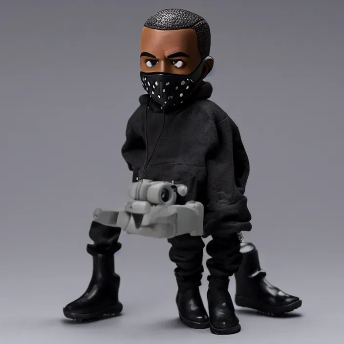 Image similar to kanye west using a black mask with small holes, a black shirt, a black undersize hoodie and black rubber boots, a mcdonald's happy meal toy figure of kanye west using a black mask with small holes, a black shirt, a black undersize hoodie and black rubber boots, figurine, detailed product photo