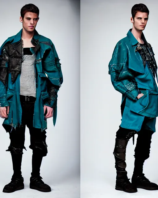 Image similar to an award - winning photo of a male model wearing a baggy teal distressed menswear moto jacket inspired by medieval armor designed by issey miyake, 4 k, studio lighting, wide angle lens