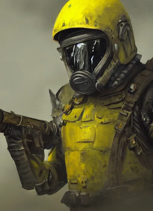 Prompt: a detailed painting of a man in post apocalyptic armour and a helmet walking around a foggy wasteland holding a modified shotgun. hd. 1 9 5 0 s painting style. dark yellow colour palette.