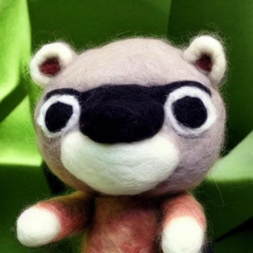 Image similar to a needle felted tom nook from animal crossing, needle felting art.