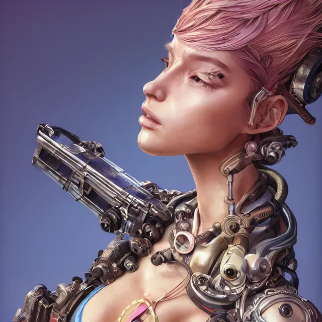 Image similar to the portrait of true neutral semi - colorful female cyborg mechanist as absurdly beautiful, gorgeous, elegant, young swimsuit model, an ultrafine hyperdetailed illustration by kim jung gi, irakli nadar, intricate linework, bright colors, octopath traveler, final fantasy, unreal engine 5 highly rendered, global illumination, radiant light, detailed and intricate environment