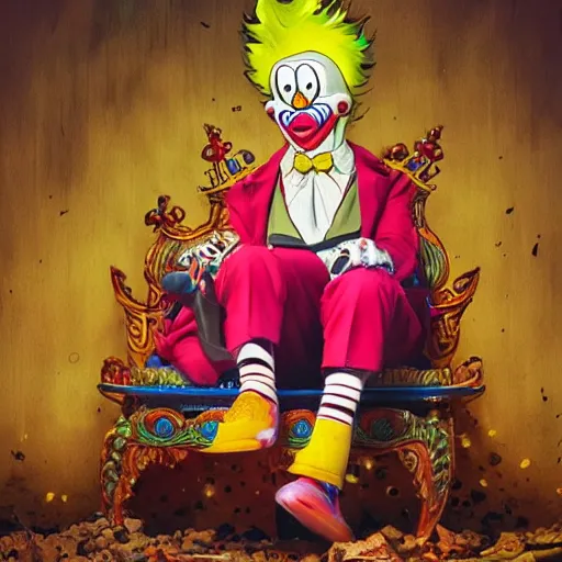 Prompt: krusty the clown wearing bizarre clown makeup, and intricate clown costume, sitting on a throne in an abandoned subway, by rossdraws, vivid colors, studio lighting, digital artwork, uhd, best of artstation