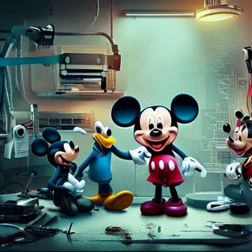 Image similar to mickey mouse being dissected by a group of network executives, on an operating table, octane render, cgstation, 3 d render, very detailed, mindblowing, blood and guts, gritty, cyberpunk