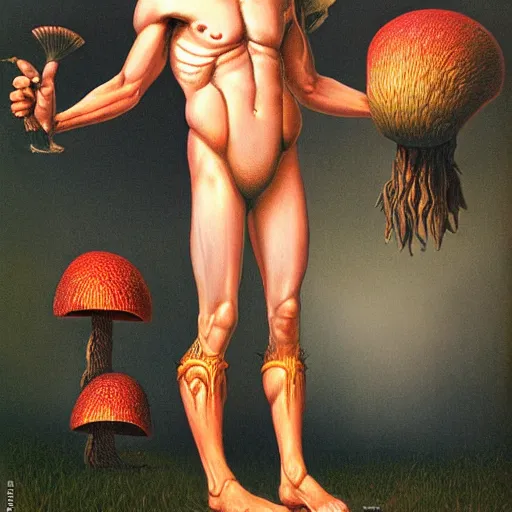 Prompt: full body portrait of an humanoid warrior mushroom, by Gerald Brom