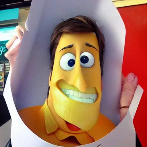 Image similar to [ a french fry chip ] shaped like stephen fry as a pixar character hybrid intercross mix