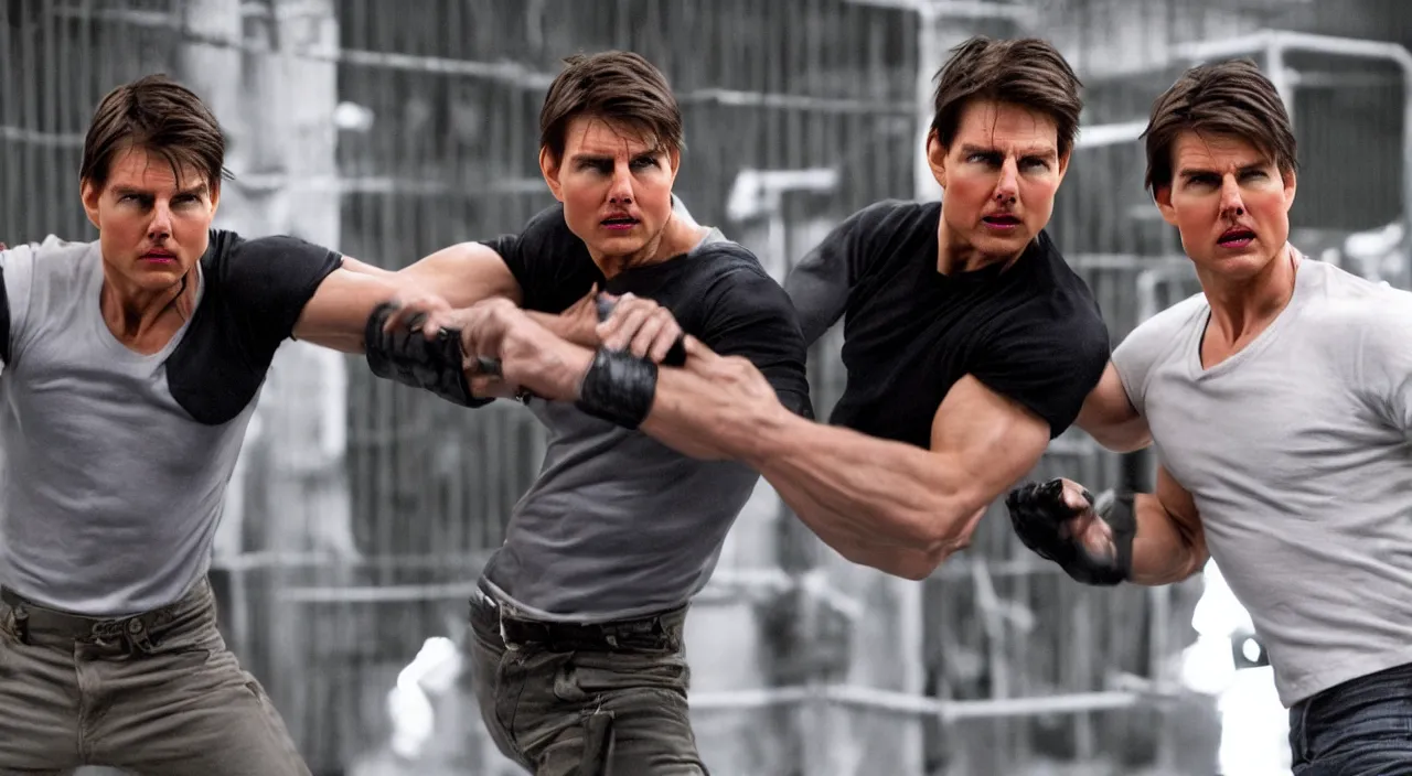 Prompt: Tom Cruise clones in Cage fight, photorealistic