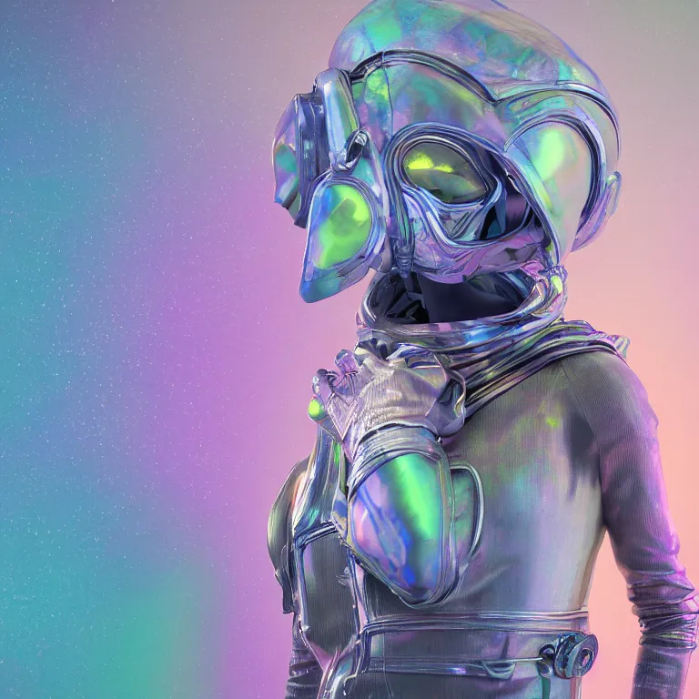 Image similar to octane render portrait by wayne barlow and carlo crivelli and glenn fabry, subject is a woman covered in tie - dye hoodie with iridescent metallic space helmet, surrounded by alien plants, cinema 4 d, ray traced lighting, very short depth of field, bokeh