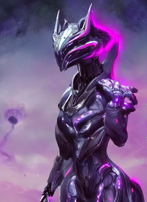 Image similar to cinematic shot, bust, cosmic sized perfectly proportioned stunning hot female warframe, robot mecha female dragon head, silver armor, fuschia leds, floating in empty space, nebula sized, holding a galaxy, epic proportions, epic size, epic scale, furry art, dragon art, giantess art, warframe fanart, furaffinity, deviantart