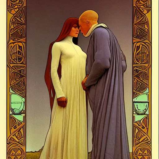 Prompt: the angelus by jean francois millet, division bell album cover, art by alfons mucha - ralph mcquarrie - francois schuiten