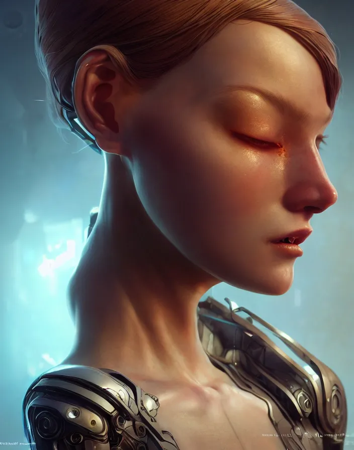 Image similar to crying beautiful female android!, intricate detailed environment, photorealistic!, octane render, mechanical, concept art, cinematic lighting, digital art, cinematic, cgsociety, hyper realism, cyberpunk 8 k. by artgerm and wlop and maciej kuciara and godmachine and moebius and rossdraws and greg rutkowski and alphonse mucha and stanley lau