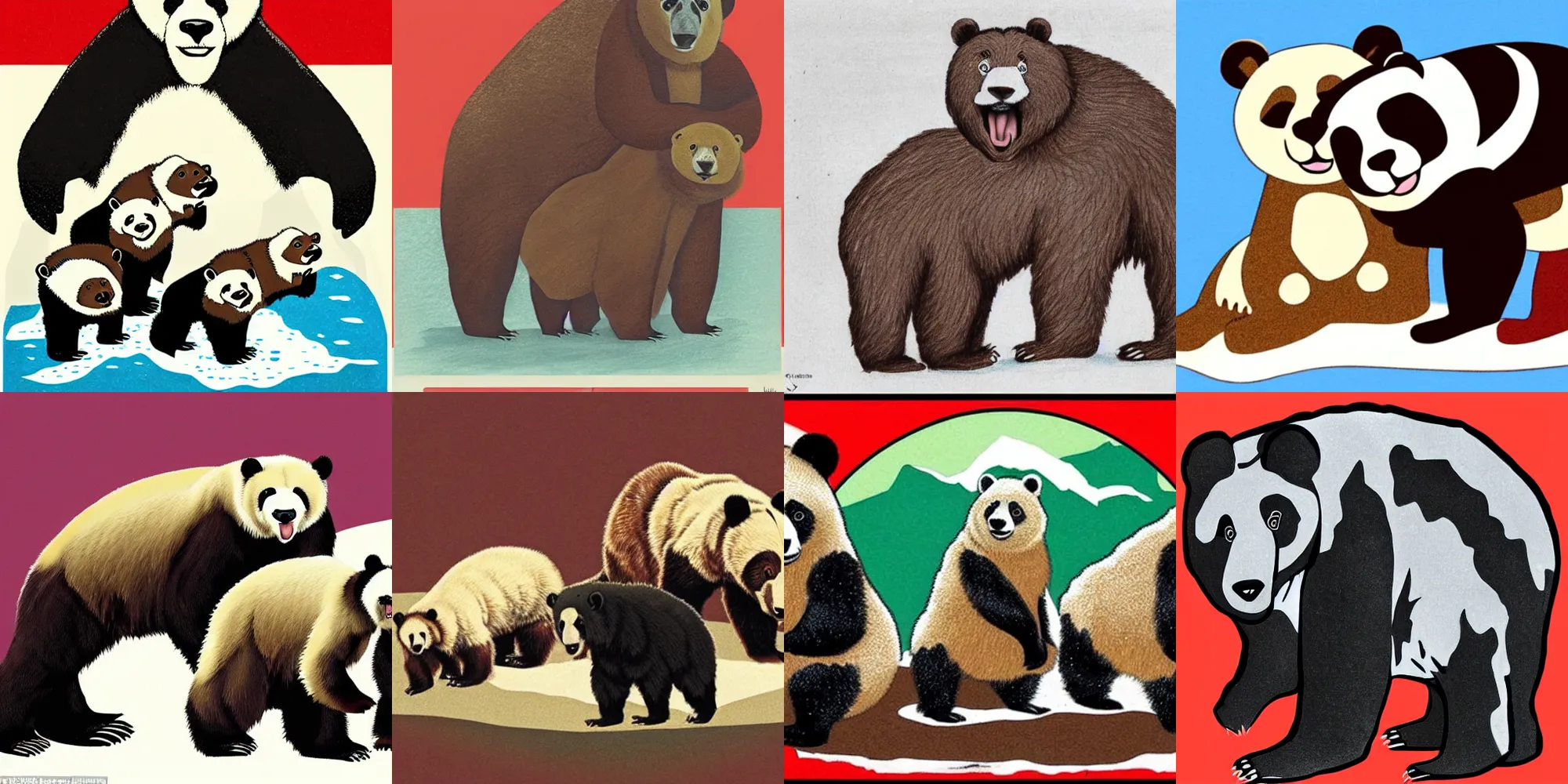 Prompt: a brown bear, a panda bear, and a polar bear revolting together drawn as soviet propaganda