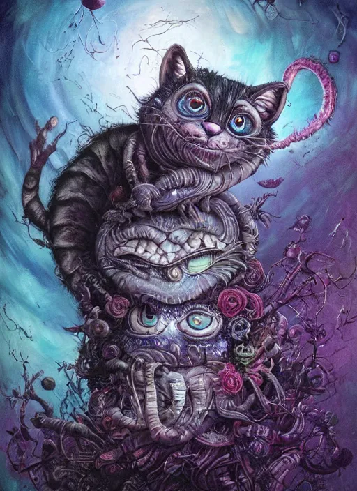 Prompt: cheshire cat, alien, highly detailed, cinematic, 8 k, by megan duncanson, benjamin lacombe, adrian borda, stanley artgermm, tom bagshaw, craig mullins, carne griffiths, ayami kojima, beksinski, giger, trending on deviantart, hyper detailed, horror, full of colour