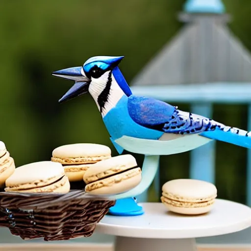 Prompt: a tall blue jay bird standing on top of a basket of macaroons on a table