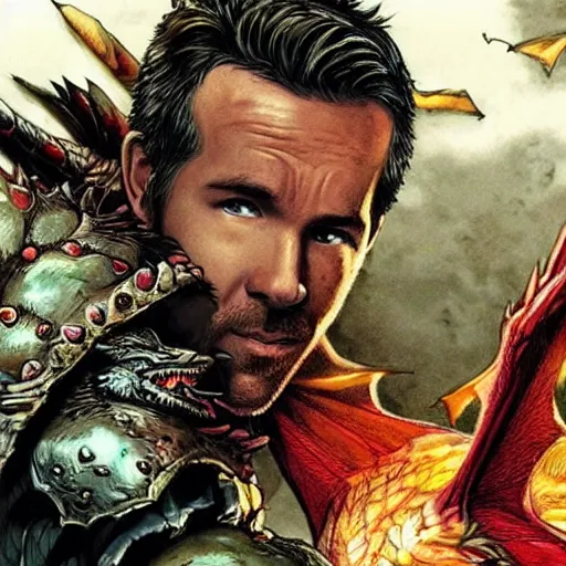 Prompt: Ryan Reynolds fighting a Dragon in the style of Dungeons and Dragons