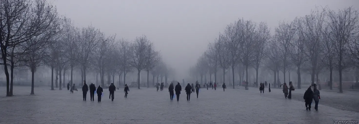 Prompt: Bucharest center in winter at dawn with people walking, mist, very very very very very very beautiful