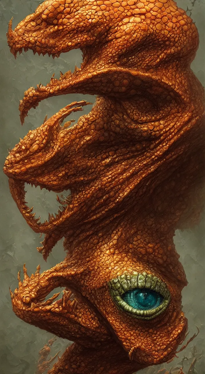 Image similar to aquatic mf doom reptile eyes, orange skin. intricate, elegant, highly detailed, centered, digital painting, artstation, concept art, smooth, sharp focus, illustration, artgerm, tomasz alen kopera, peter mohrbacher, donato giancola, joseph christian leyendecker, wlop, frank frazetta