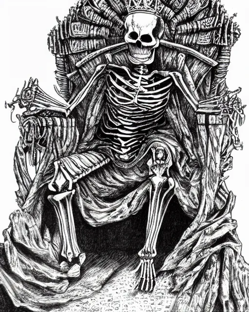 Prompt: pen and ink drawing of a skeleton king sitting atop a throne, by steve jackson and ian livingstone, highly detailed