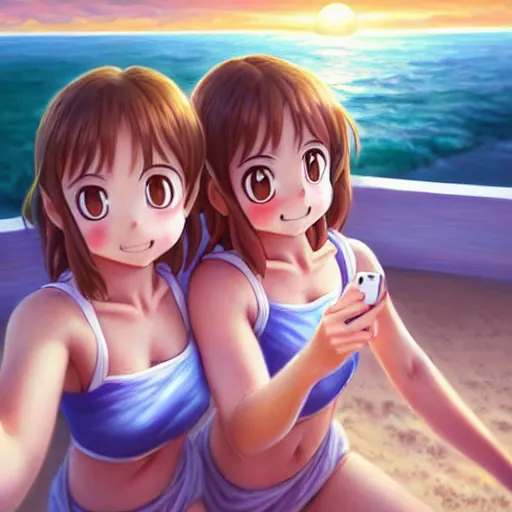 Image similar to beautiful serene intricate very detailed portrait of ochako uraraka and ochako uraraka taking a selfie, smiling softly, relaxing on the beach, golden hour, soft focus, 8 k, art by irakli nadar, hyperrealism, hyperdetailed, ultra realistic