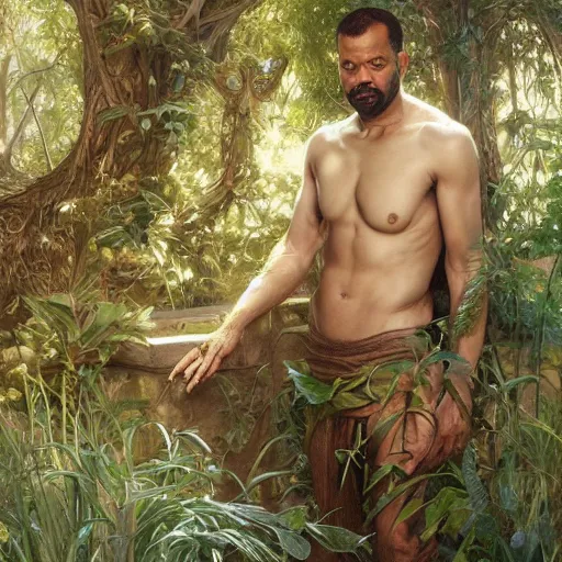 Prompt: full figure ultra realistic illustration, jeffrey wright in garden of eden, simulation, intricate, elegant, highly detailed, digital painting, artstation, concept art, smooth, sharp focus, illustration, art by artgerm and greg rutkowski and alphonse mucha